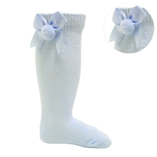 Blue Ribbed Knee-length Pom-pom Socks W/satin Bow @ Little'Uns Retail Ltd