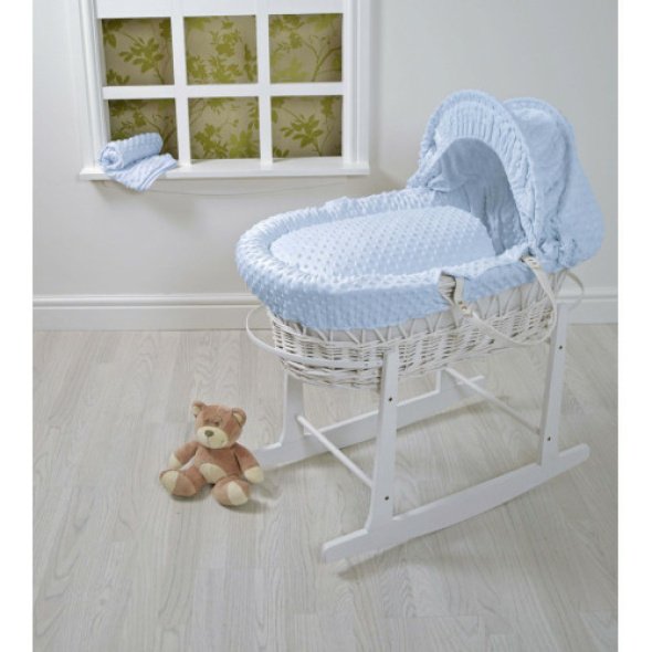 Cuddles Moses Basket Blue Dimple on White Wicker @ Little'Uns Retail Ltd