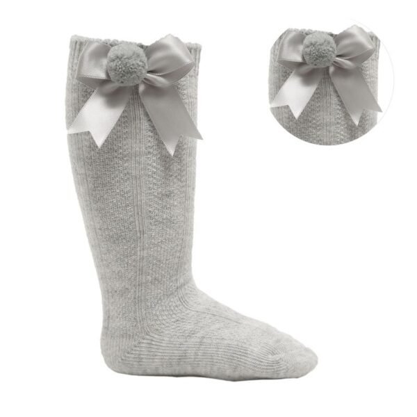 Grey Ribbed Knee-length Pom-pom Socks W/satin Bow @ Little'Uns Retail Ltd