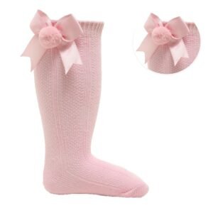 Pink Ribbed Knee-length Pom-pom Socks W/satin Bow @ Little'Uns Retail Ltd