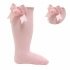 Pink Ribbed Knee-length Pom-pom Socks W/satin Bow