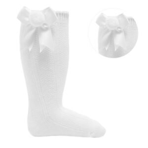White Ribbed Knee-length Pom-pom Socks W/satin Bow @ Little'Uns Retail Ltd