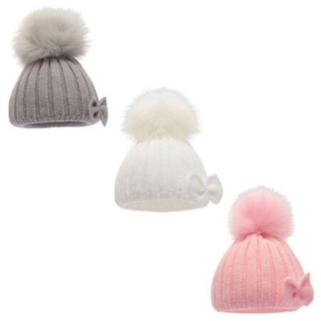 Cable Knit Hat W/bow & Pom Pom @ Little'Uns Retail Ltd