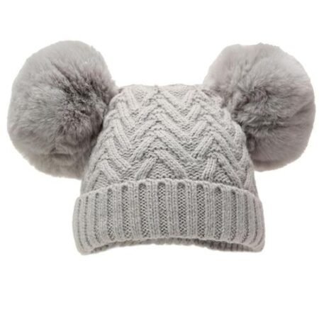 Grey ‘Chevron’ Knit Double Pom Pom Hat w/Cotton Lining @ Little'Uns Retail Ltd