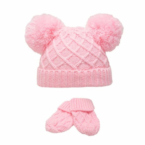 Blue Diamond Knit Pom-pom Hat & Mitten Set (0-6m) @ Little'Uns Retail Ltd