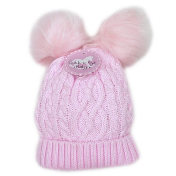 Baby Girls Cable Knit, Double Fur Pom Poms Hat @ Little'Uns Retail Ltd