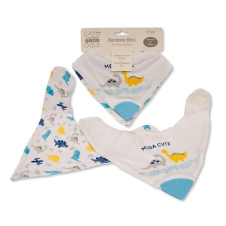 Baby Boys cotton 2 PK Bandana Bibs With Teether- DINOSAUR @ Little'Uns Retail Ltd