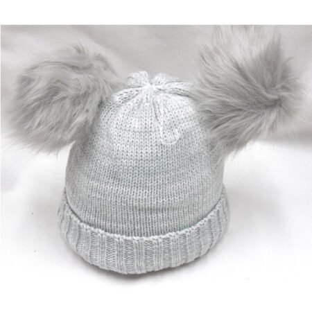 Grey Plain Knitted Hat with Double Pom Pom (2-4 Years) @ Little'Uns Retail Ltd