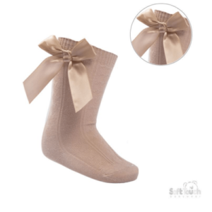 Beige Knee Length Socks w/Satin Bow @ Little'Uns Retail Ltd