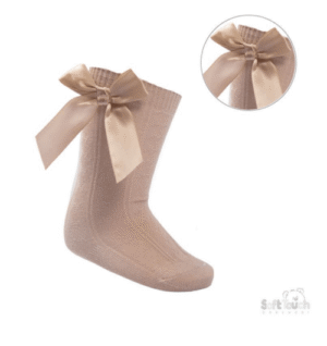 Beige Knee Length Socks w/Satin Bow @ Little'Uns Retail Ltd