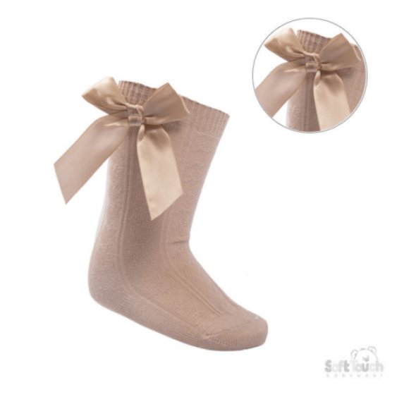 Beige Knee Length Socks w/Satin Bow @ Little'Uns Retail Ltd