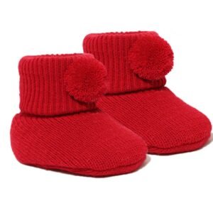 Red Acrylic Pom Pom Baby Bootees @ Little'Uns Retail Ltd