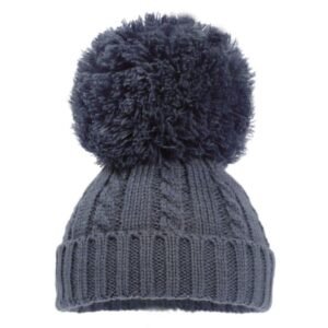 Steel Blue Cable Knit Hat W/pom Poms (0-12m) @ Little'Uns Retail Ltd