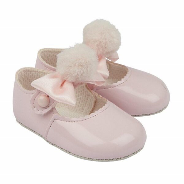 Baby Girls Soft Soled Shoe/pom Pom Bow-pink @ Little'Uns Retail Ltd