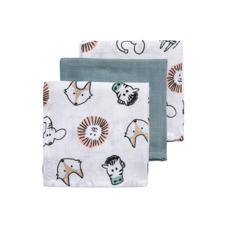 3-pack Face Cloths: Sage Green Animals @ Little'Uns Retail Ltd