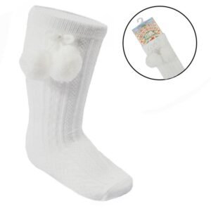 White Knee Length Socks W/pom Pom @ Little'Uns Retail Ltd