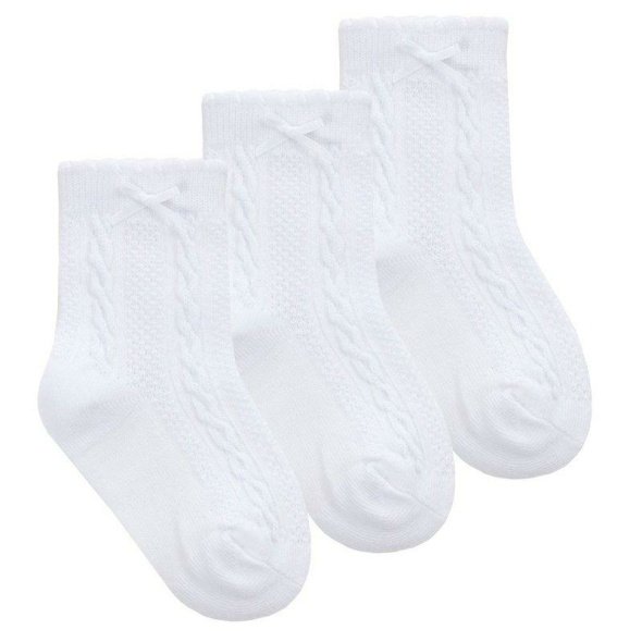 Baby Girls 3 Pack Cable/ Bow Socks- White @ Little'Uns Retail Ltd