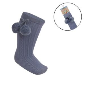 Dusty Blue Knee Length Socks W/pom Pom @ Little'Uns Retail Ltd