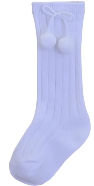 Pom Pom Knee High socks White @ Little'Uns Retail Ltd