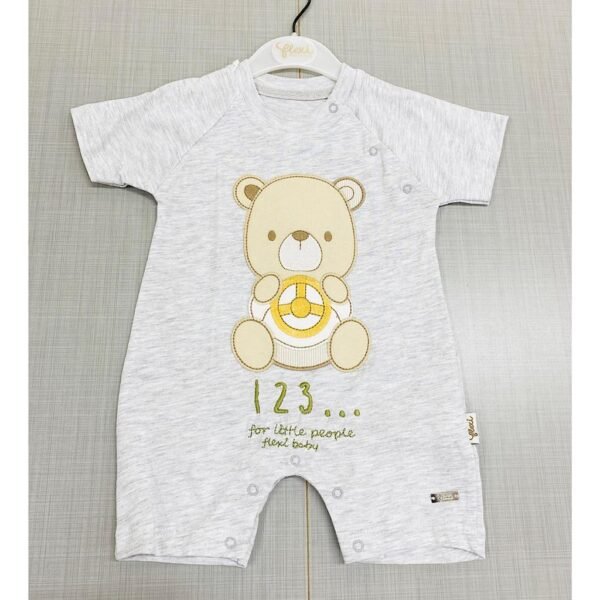 Baby Boys Embroidered Teddy All in One Cotton Romper-Grey @ Little'Uns Retail Ltd
