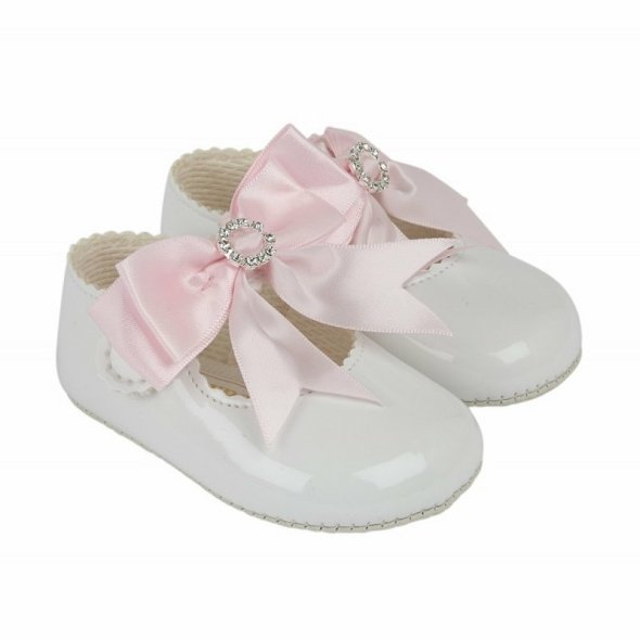 Bow & Diamante Soft Soled Shoe-white/pink @ Little'Uns Retail Ltd