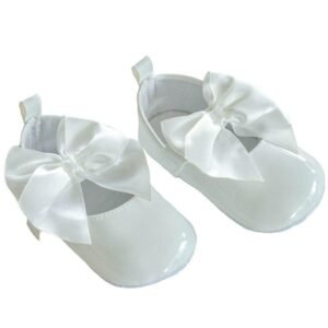 White Shiny PU Shoes W/Large Satin Bow @ Little'Uns Retail Ltd