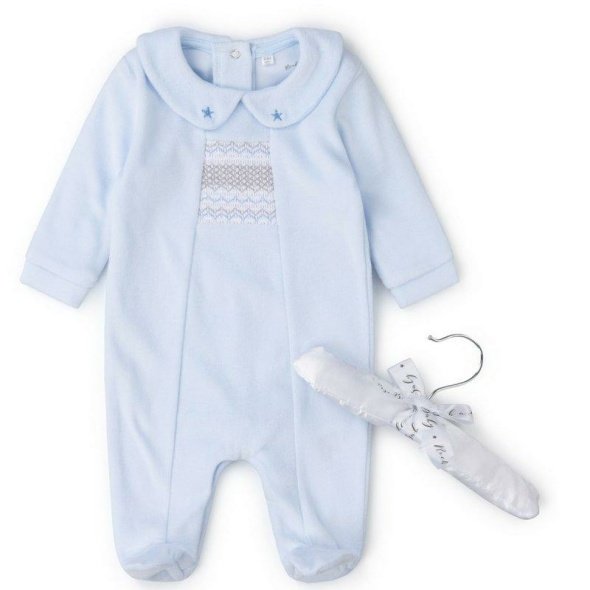 Baby Boys Smocked Velour Baby Grow @ Little'Uns Retail Ltd