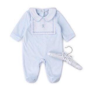 Smocked Velour Babys All In One With Woven Bib @ Little'Uns Retail Ltd