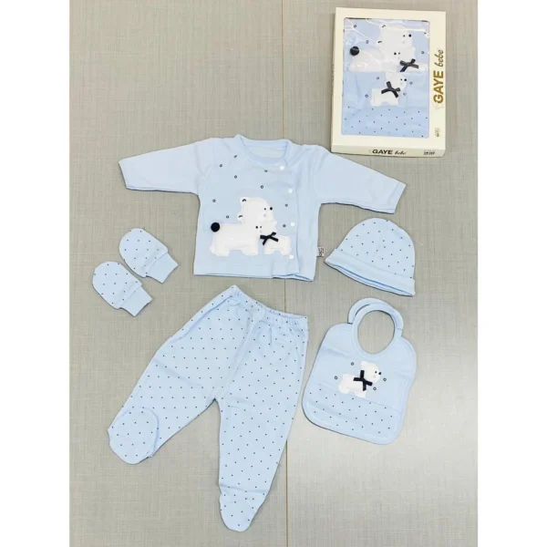 Baby Boys 5 Piece Teddy Polka Dot Gift Set With Mittens & Hat (NB) @ Little'Uns Retail Ltd