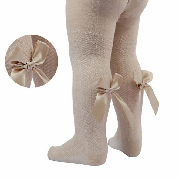 Beige Baby Tights With Bow