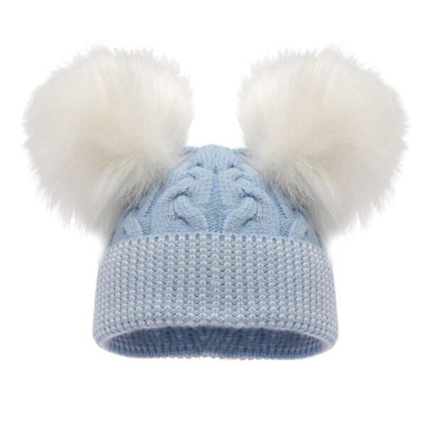 Blue Cable Knit Hat With Pom Poms