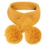 Mustard Cable Knit Scarf With Pom Poms