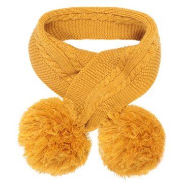 Mustard Cable Knit Scarf With Pom Poms