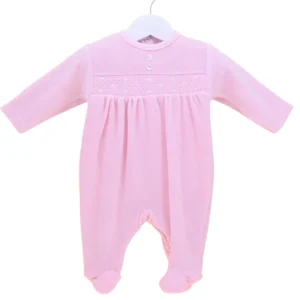 Smocked Velour Sleepsuit Pink