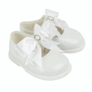 Baby Girls Bow & Diamante Hard Soled Shoe- White