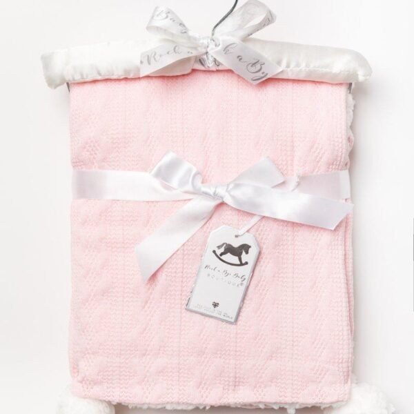 Baby Knitted Sherpa Wrap With Pom Poms- Pink