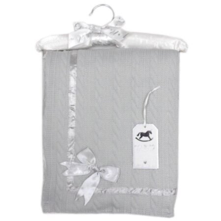 Baby Knitted Wrap With Sherpa Back And Bow On A Satin Padded Hanger-grey