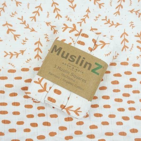 Muslinz 3 Pack Bamboo/organic Cotton Muslin Squares 70x70cm – Laurel Leaf / Spot Print