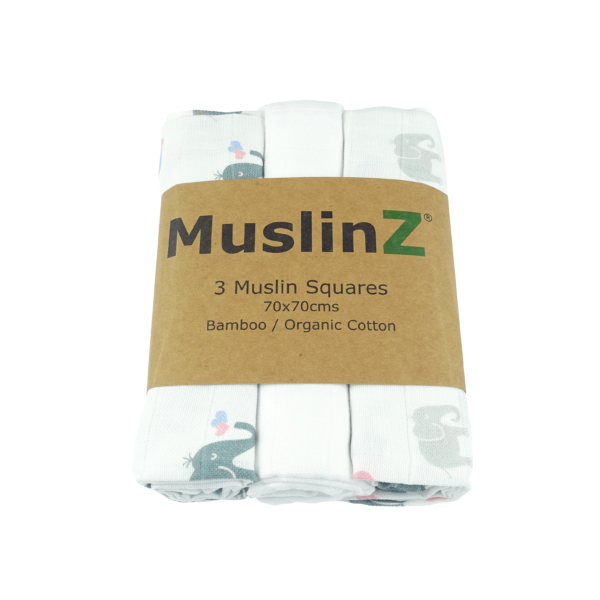 Muslinz 3 Pack Bamboo/organic Cotton Muslin Squares 70x70cm – Elephant