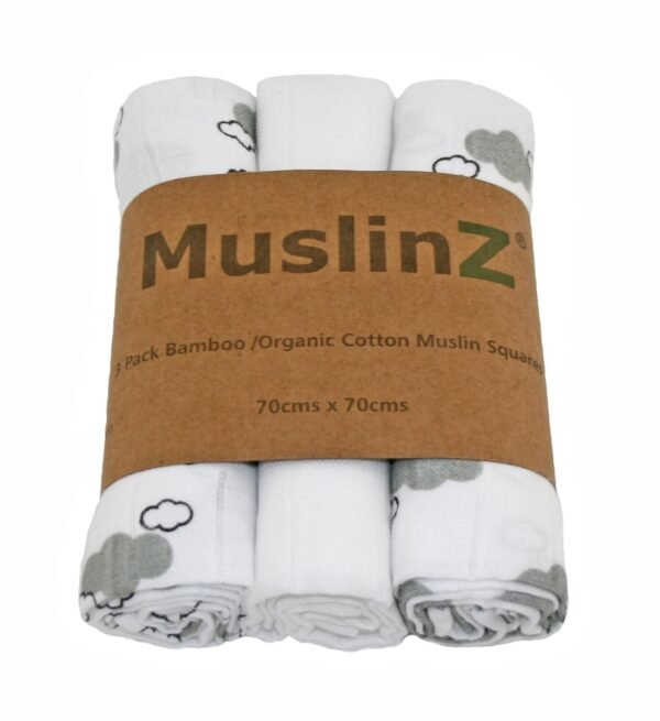 Muslinz 3 Pack Bamboo/organic Cotton Muslin Squares 70x70cm – Cloud Print