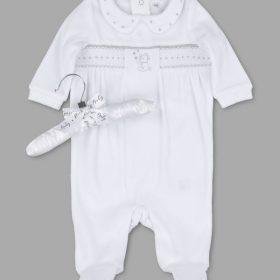 Grey Smocked Teddy Motif Sleepsuit