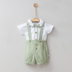 Baby Boys Two Piece Dungarees & Shirt Set With Attached Bow Tie