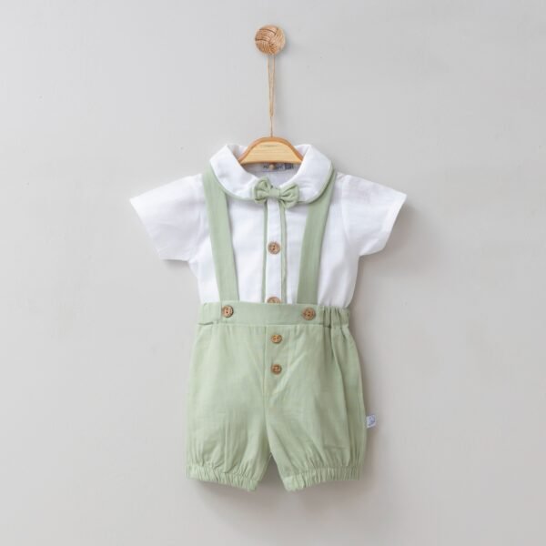 Baby Boys Two Piece Dungarees & Shirt Set With Attached Bow Tie
