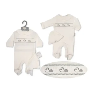 Baby All In One With Smocking And Hat - Ducks - White