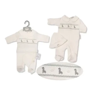 Baby All In One With Smocking And Hat - Giraffe - White