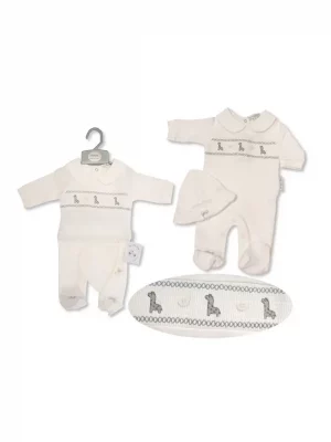 Baby All In One With Smocking And Hat - Giraffe - White