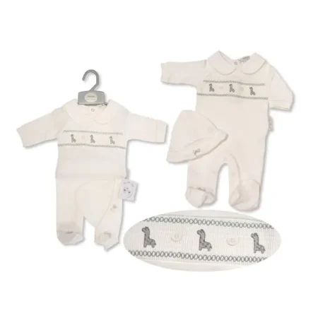 Baby All In One With Smocking And Hat - Giraffe - White