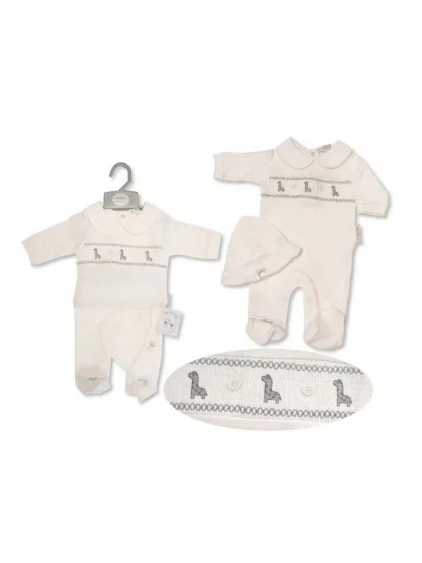 Baby All In One With Smocking And Hat - Giraffe - White