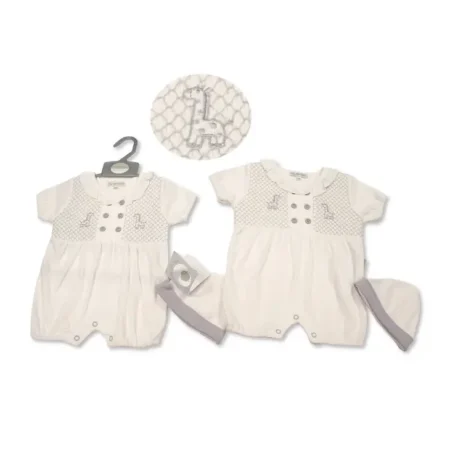 Smocked Baby Romper With Hat - Giraffe