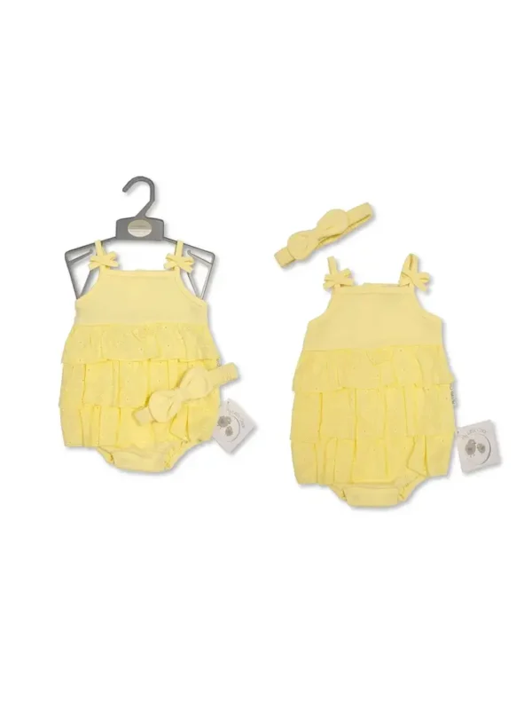 Tiered Romper With Bows And Headband - Lemon